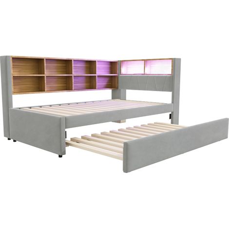 Cama tapizada multifuncional 90x200 con cama nido 90x190, LED, enchufes, gris claro (1/5)