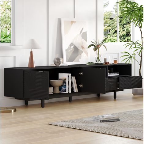 Mobile TV 200 cm nero in stile boho con vano portaoggetti e linee geometriche astratte, per soggiorno (1/5)