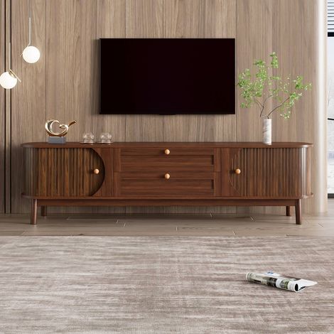 Meuble tv effet bois moderne avec tiroirs et rangements, coins arrondis et pieds en bois (1/5)
