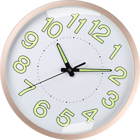 Horloge murale à quartz silencieuse en plastique luminescente sans bruit pour salon et chambre 30 cm 12 pouces cadre en or rose (1/4)