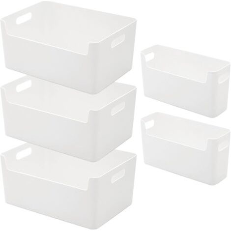 QORVA-Lot de 5 boîtes de rangement en plastique avec poignées, contenants en plastique blanc, bacs de rangement pour armoires de cuisine, de salle de bain et de bureau (2 tailles)