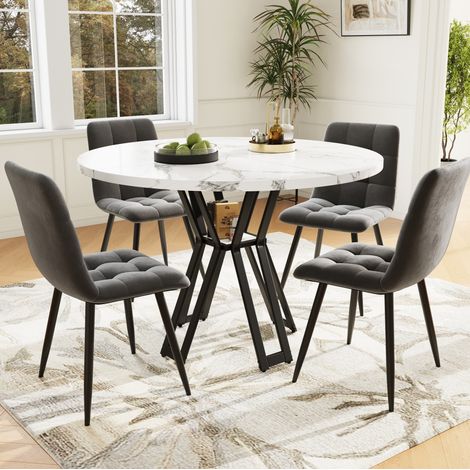 MEUBLIV Ensemble table à manger ronde 100 cm avec 4 chaises gris, finition marbre blanc (1/5)