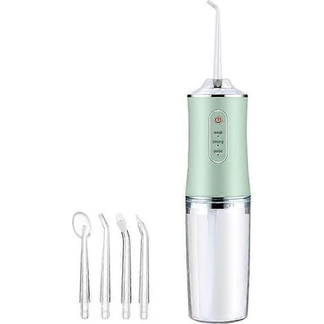 Hydropulseur dentaire portable, hydropulseur dentaire sans fil de pointe, pour le nettoyage des dents avec 4 embouts (vert) (1/5)