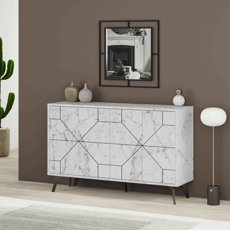 Dmora - Buffet Meridian, Buffet du salon, Commode de salon, Garde-manger de cuisine, 123x35h62 cm, Marbre Blanc, avec emballage renforcé (1/5)