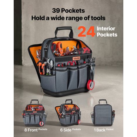 Sac à Outils Ouvert 335 mm, Sac de Rangement d'Outils à 39 Poches, pour Électricien, Bricolage, Maintenance et Chantier, Organiseur… (1/5)