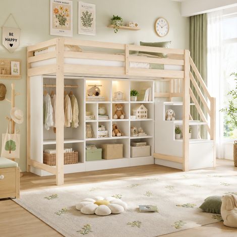 CHICFURN Letto a soppalco 90x200 cm in legno bianco e legno, con ripiani, LED e scala (1/5)