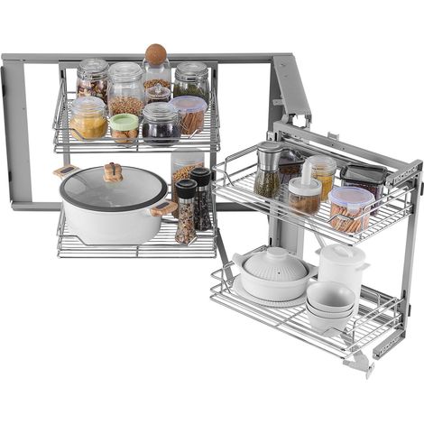 Organisateur de coin aveugle coulissant 18 pouces, 2 niveaux, 4 étagères, panier de rangement en acier chrome, compatible gauche (1/5)