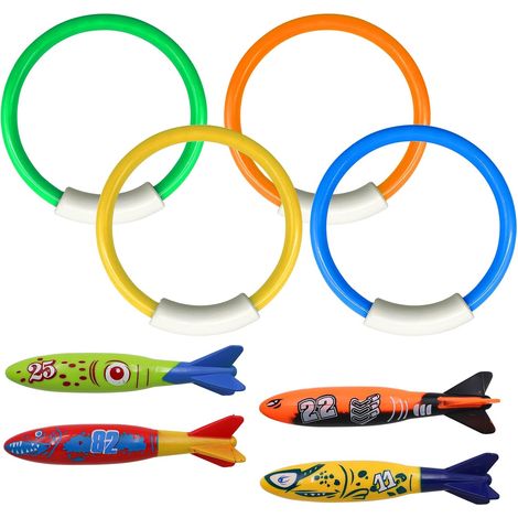 8 pièces Anneau Piscine Enfant Enfants Torpille sous-Marine Ensemble Anneau de Plongée Piscine pour la Formation de Plongée Jeu sous-Marin Jouets de Piscine d'été pour Garçons Filles (1/5)