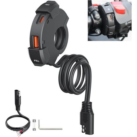 Cargador para motocicleta de 12 V y 48 W con USB QC3.0 y PD Tipo-C, apto para coches, autocaravanas, vehículos y barcos de 12 V a 24 V. (1/5)