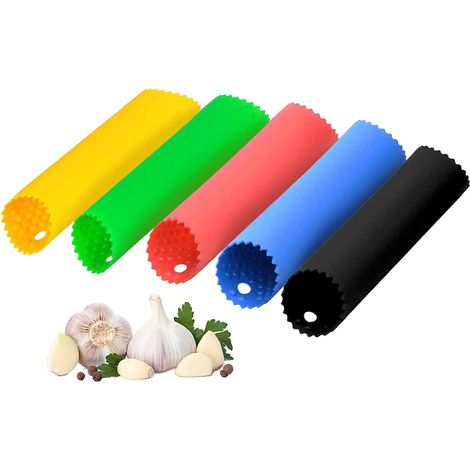 Lot de 5 éplucheurs d'ail en silicone, rouleaux à ail, ustensiles de cuisine (rouge, jaune, vert, bleu, noir). (1/5)