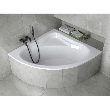 ECOLAM Badewanne 130x130 cm Mia Eckbadewanne Wanne mit Sitz Ablauf in der Mitte Acrylwanne Ablaufgarnitur Füße Silikon