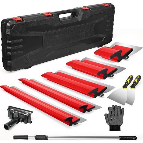 Kit de spatules de lissage  Spatules 15/25/40/60/80 cm  Lame renforcée en acier inoxydable 0,5 mm poignée ergonomique en Z avec perche télescopique aluminium 85–130 cm  Couteau à enduire pour plâtr (1/5)