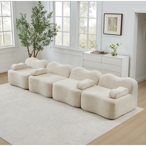 Canapé modular 4 plazas de terciopelo beige, diseño ondulado con asiento profundo (1/5)