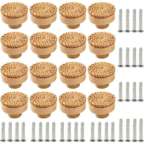 Lot de 16 Bouton Meuble Rotin 40mm, Poignée Bois Naturel, Pour Armoire Cuisine Tiroir Salon