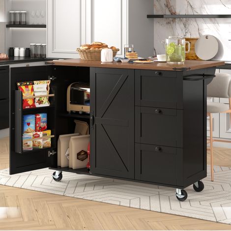 Meuble rangement cuisine mobile 140 cm MDF noir pliable OKMYHOME (1/5)