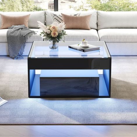 Table basse - WESTYLE - 70x70 - Plateau verre trempé - LED intégrées - 2 tiroirs (1/5)