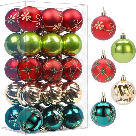 Lot de 30 Boules de Noël colorées en Plastique incassable pour Sapin de Noël, décoration de fête, Mariage (60 mm,Rouge Vert & doré) (1/5)