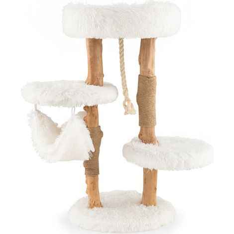 Pour griffer, se reposer et jouer : arbre à chat en bois massif avec poteaux en jute et corde suspendue (1/5)