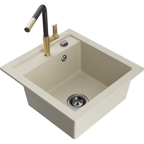Mexen Vito 1-Becken-Granit-Spüle mit Mischbatterie Flora, Beige - 6503-69-670401-57-B