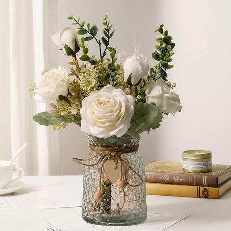 Fleurs Artificielles en Vase, Roses en Soie avec Pot, Composition Florale pour Décoration Maison Bureau, Centre de Table (Blanc) (1/5)