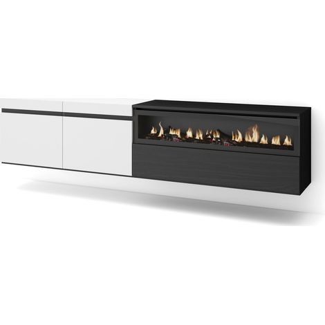 Skraut Home - Meuble TV, Banc Télé, Grand espace de Rangement, 200x45x35cm, Pour les TV jusqu'à 80", Cheminée électrique, Suspendu, Mural, Style moderne, Blanc et noir (1/5)