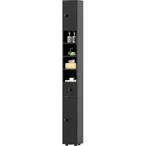 Armoire de salle de bain 180 cm, porte-rouleau de papier toilette avec étagères ouvertes, 2 placards, noir (1/5)