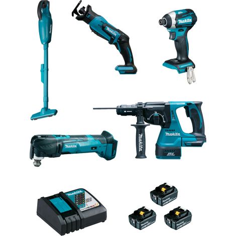 Set di 5 macchine 18V Li-Ion DTD154 + DHR243 + DTM51 + DJR183 + DCL18 - MAKITA - con 3 batterie 18.0Ah 5.0Ah - caricabatterie - MAKPAC - DLX5045TJ (1/2)