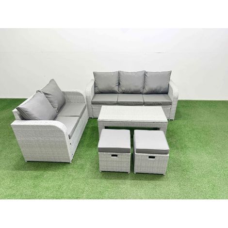Fimous 7 Seater PE Rattan Wicker Garden Furniture Patio Conservatory Sofa Set with Oblong Coffee Table 3 Seater Sofa Love Sofa 2 Stools (1/4)