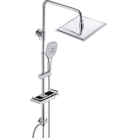 JOHO Duschsäule ohne Armatur – Eckige Regendusche 20x20 cm, Edelstahl Duschstange höhenverstellbar, Duschset mit Ablage, Handbrause 3 Strahlarten, Chrom