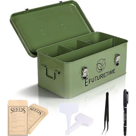 Boîte à Graines Potager en métal 32,5×17×13cm, Boîte de Rangement à Graines avec Couvercle, 30 Étiquettes pour Plantes 30 Enveloppes de Graines, Idée Cadeau Jardinage, Vert (1/5)
