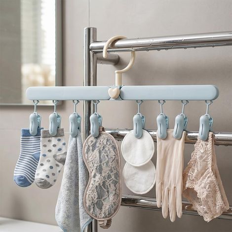 Cintre pliable multifonction à 8 clips - Cintre en plastique durable pour chaussettes, shorts, sous-vêtements, jupes - Idéal pour la maison, le dortoir, le magasin, le balcon (1/5)