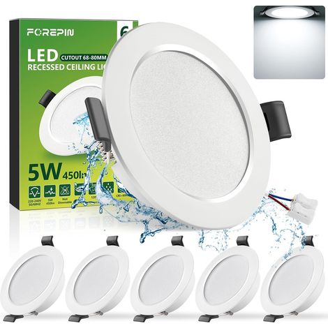 Spot LED Encastrable Extra Plat Blanc Froid 6000K, 5W IP44 Spots de Plafond Encastre Pour Salle de Bain, Cuisine, Salon - Trou Ø68-80mm, Lot de 6 (1/5)