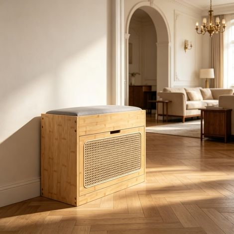 Banc à chaussures bambou avec coussin, porte en rotin, étagères réglables, 63x29x48 cm, 140 kg, pour entrée (1/5)