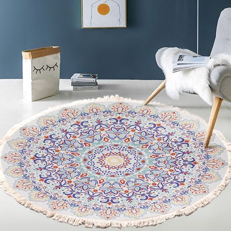 Tapis rond en coton tissé à la main - Motif mandala bohème vintage - 100 cm - Lavable en machine - Pour salon, chambre, couloir (1/5)
