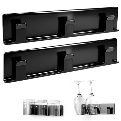Soporte para copas de vino de 2 piezas, sin necesidad de taladrar, colgador de copas, soporte para vasos para cocina, cafetería, bar, restaurante, color negro. (1/5)