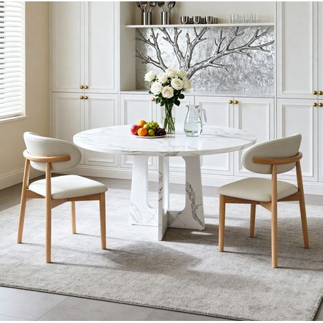 Ensemble table et chaises à manger ronde Ø120 cm avec 2 chaises, pieds réglables, MDF effet marbre blanc