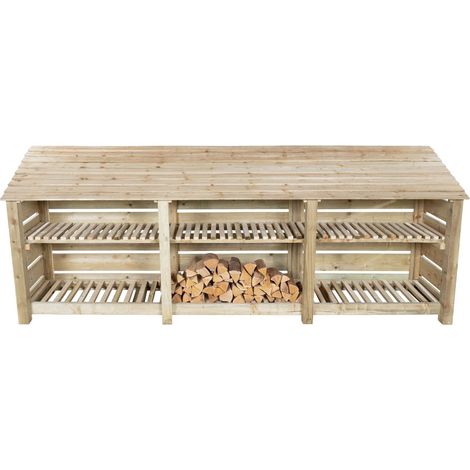 Slatted wooden log store with kindling shelf W-335cm, H-126cm, D-88cm - natural (light green) finish