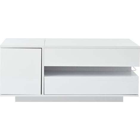 955034.5cm anhebbarer Couchtisch, Wohnzimmertisch,Beistelltisch,kaffeetisch mit 1 Schublade,1 Schrank,Sofatisch mit LED,Hochglanz-teetisch mit verstecktem Stauraum,mit halboffenem Stauraum,Weiß (1/5)