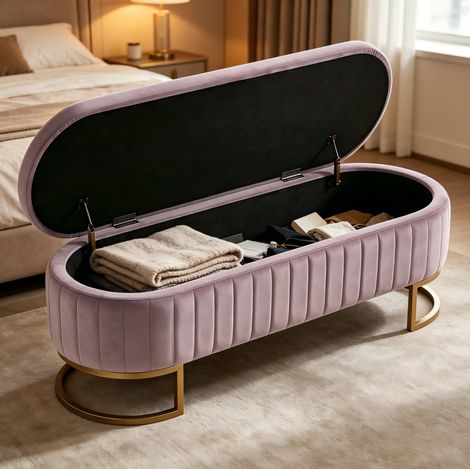 Banc de rangement 130 cm en velours, banquette avec pieds en métal doré, pour chambre et entrée, rose (1/5)