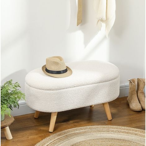 Banco de almacenaje con tapa, 82 x 41 x 45 cm, tejido blanco, patas de madera HAVRYA (1/5)