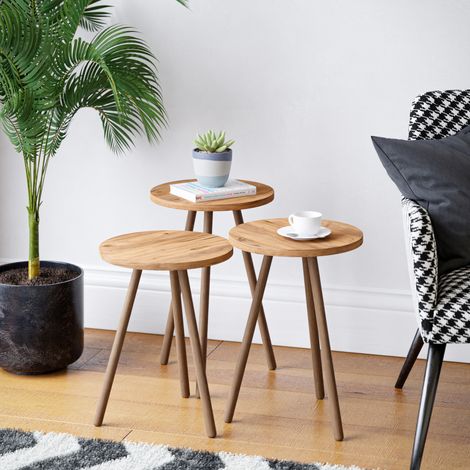 Set de 3 mesas auxiliares Hjørring redondas aglomerado/haya efecto madera [en.casa] (1/5)