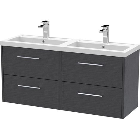 Winshill Contemporary 4 Drawer Wall Hung Vanity Unit with Double Basin, Woodgrain Dark Grey, 1200mm