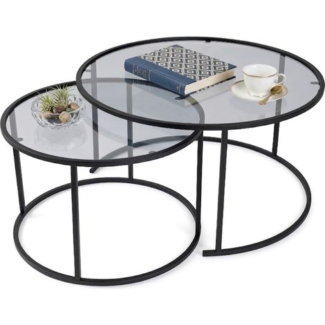 Wohnzimmertisch Lambrugo, Modular, Rundform, Tischplatte Rauchglasfarben, 60x60x39h cm, Schwarz