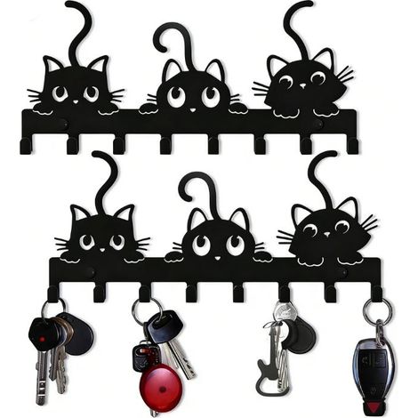 2 porte-clés, 3 étagères murales style chat, crochets de décoration artistique en métal, adaptés aux manteaux, entrées, etc. (1/5)