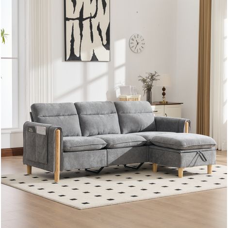 3-Sitzer-Ecksofa aus hellgrauem Chenille mit wendbarem Stauraumhocker HAVRYA (1/5)