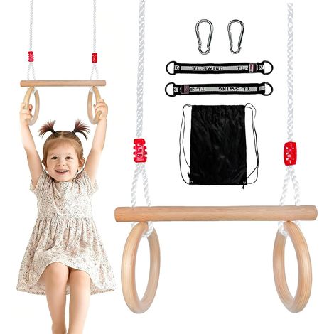 Trapèze Balançoire, Portique Balancoire Exterieur en Bois Maximum 220lbs/100kg Anneaux De Gymnastique en Bois Équipement De Gymnastique Intérieure Et Extérieure pour Enfants (Corde Réglable) (1/4)