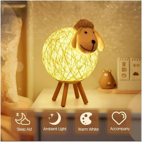 Veilleuse LED, Mouton Lampe de Chevet en Rotin, Veilleuse Enfant Projecteur, Lampe Nuit LED pour Chambre, Chambre Bébé, Salon, Cadeau, 110cm USB/Interrupteur Poussoir [Classe énergétique A++] (1/4)