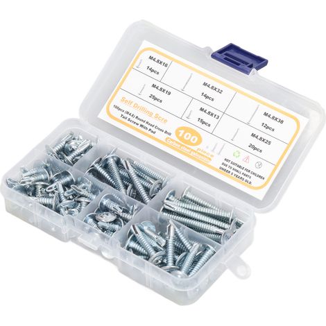 M4.8 Selbstbohrschrauben, 100er-Packung, Flachkopf mit Unterlegscheibe, Tiefgewinde, Kohlenstoffstahl, verschiedene Schrauben für Metall und Holz, robuste Befestigung (1/5)