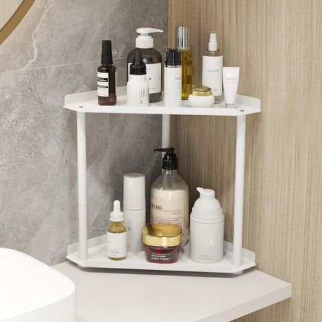 Étagère d'angle à double niveau, étagère sur pied pour salle de bain, étagère d'angle, petite étagère de douche, présentoir cosmétique, étagère fine et décorative