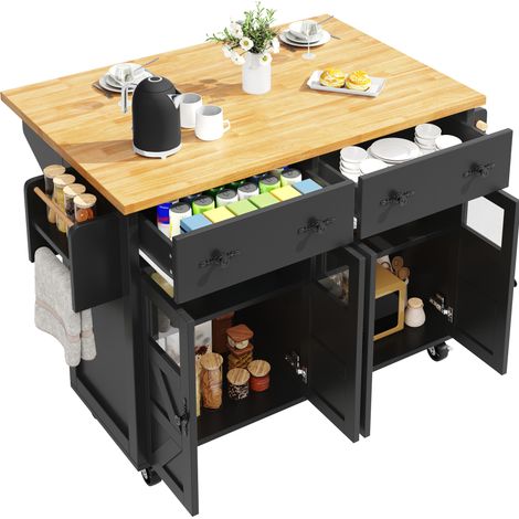 CHICFURN Isola cucina mobile 140 x 73 x 93,5 cm in MDF nero, con ruote e contenitore (1/5)